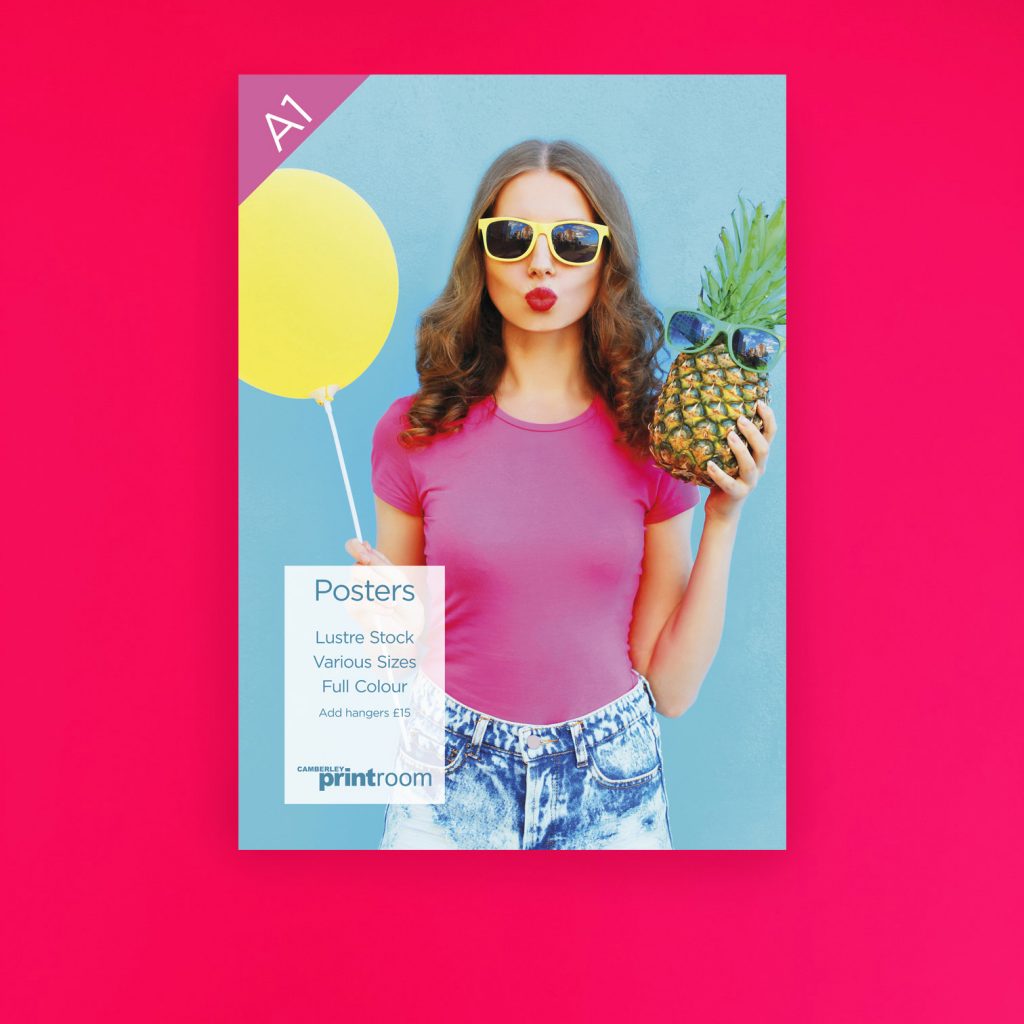 an a1 poster of a lady holding a yellow balloon and a pineapple with sunglasses on